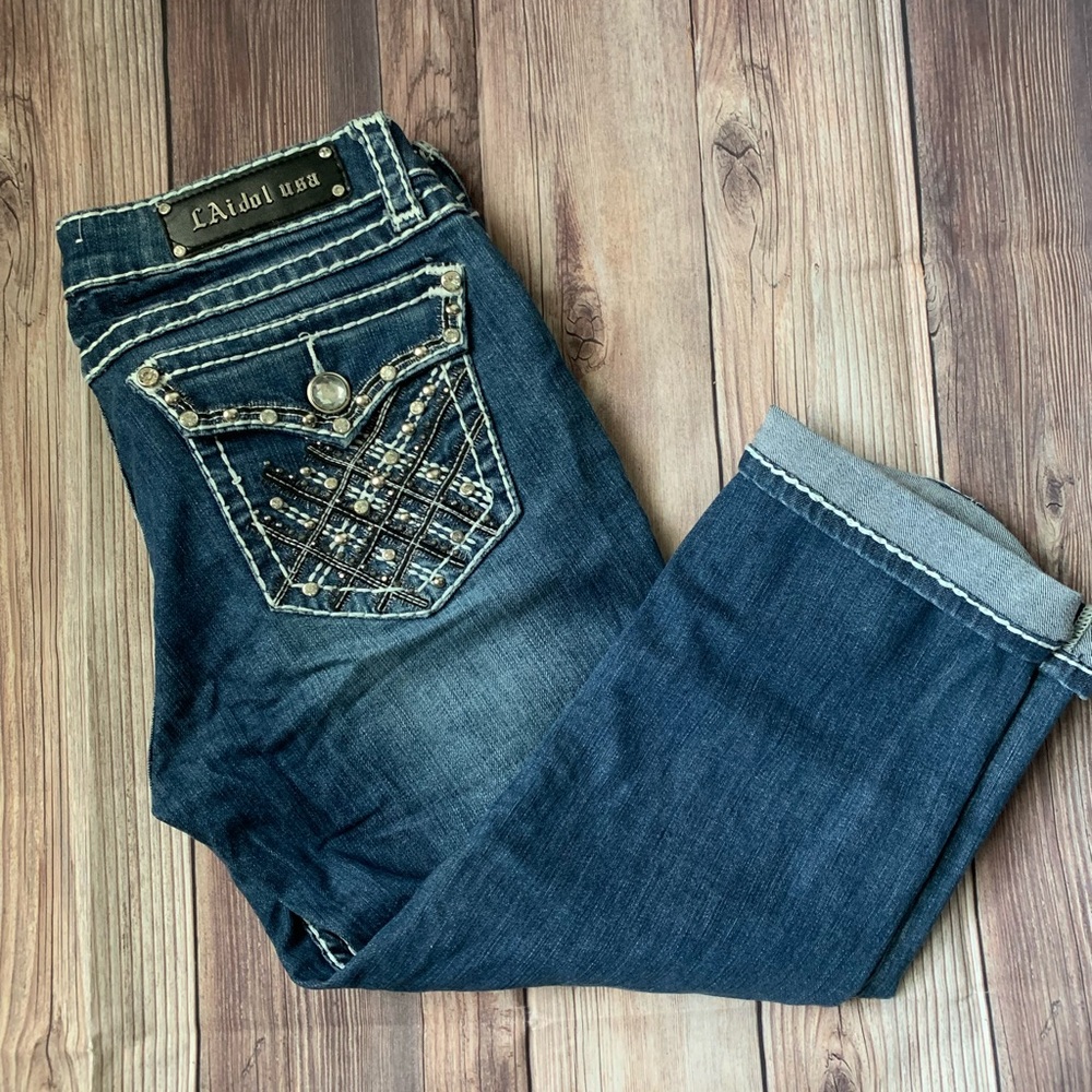 LA Idol crop denim jeans embellished pockets size 13